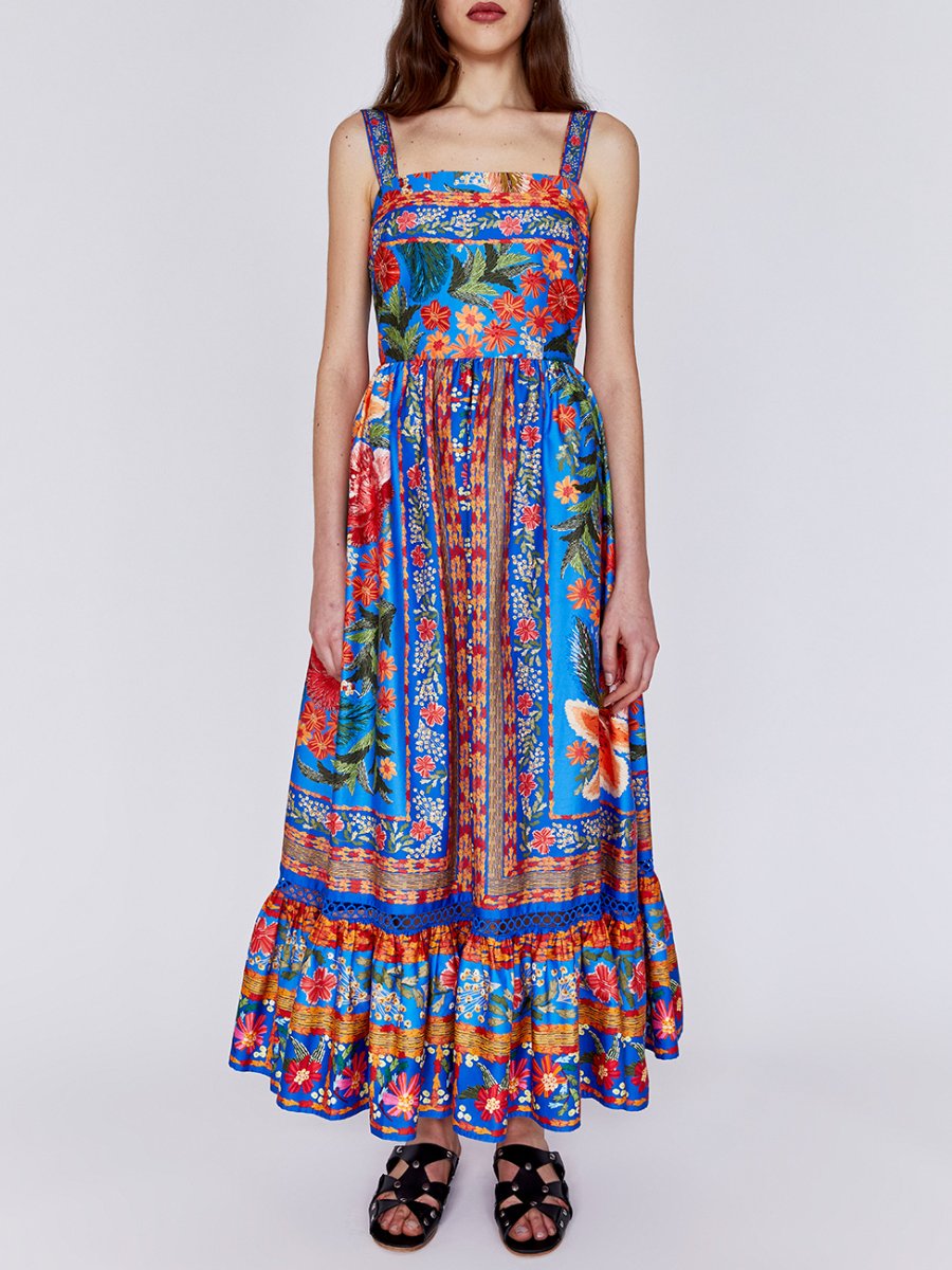 Stiched Garden Blue Maxi Dress