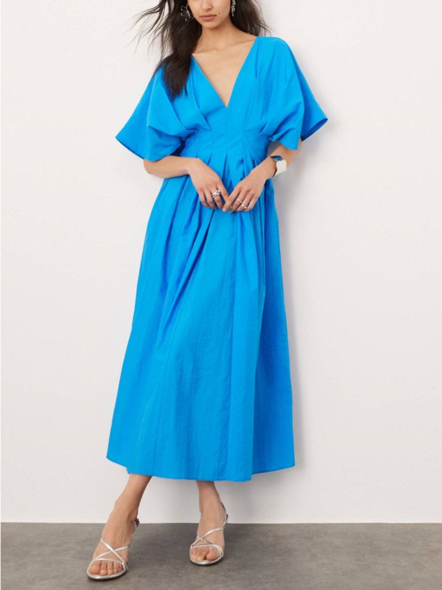 V-Neck Short Sleeve Blue Midi Dress