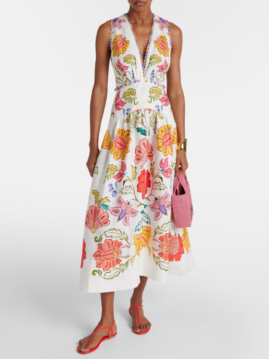 Floral Insects Linen Midi Dress