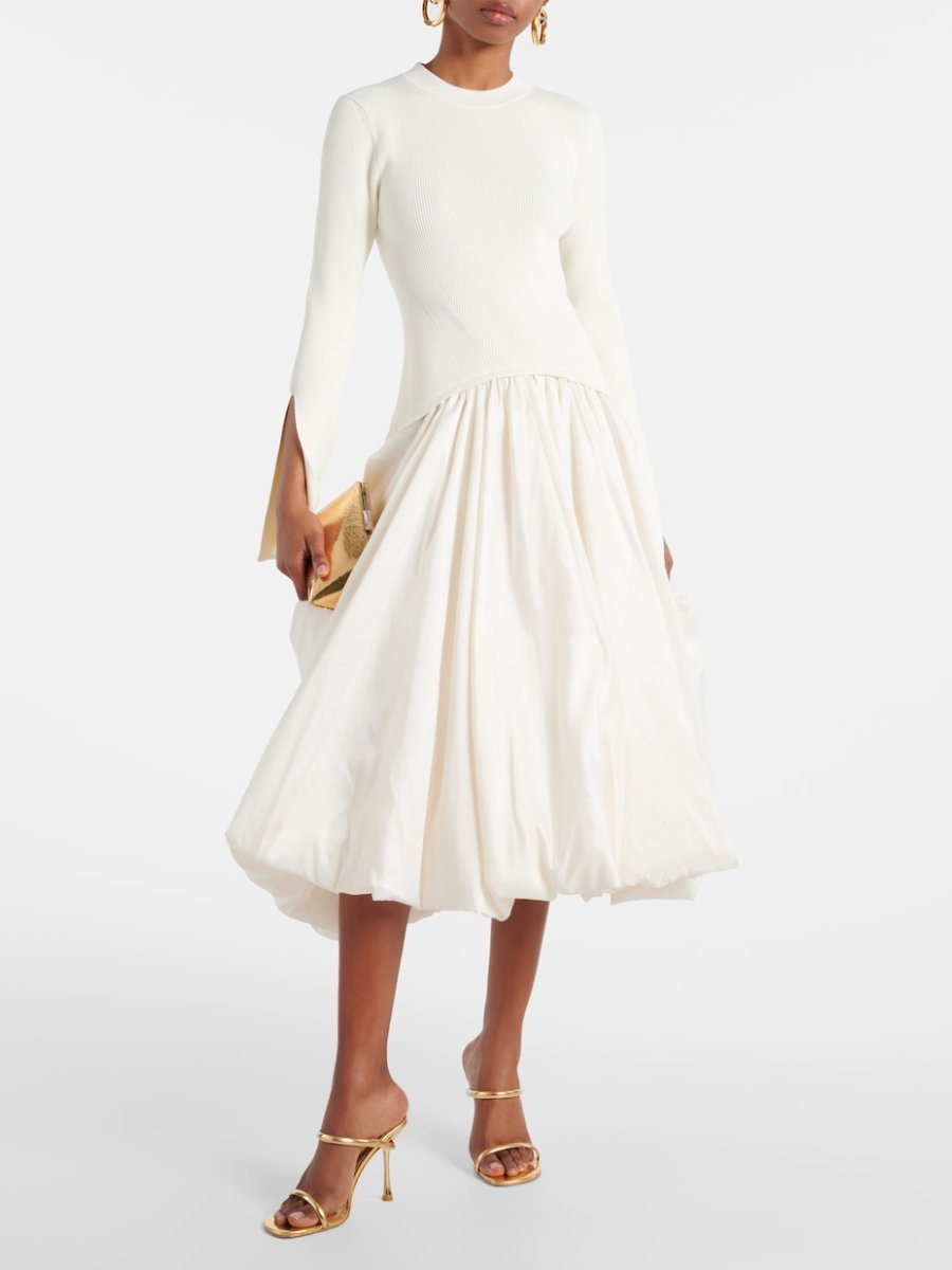 Taffeta-Trimmed White Midi Dress