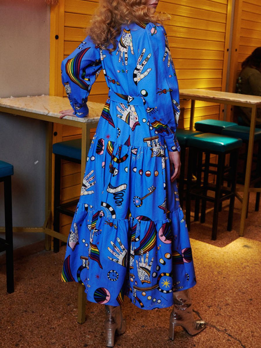 Blue Fun Printed Shirt Maxi Dress