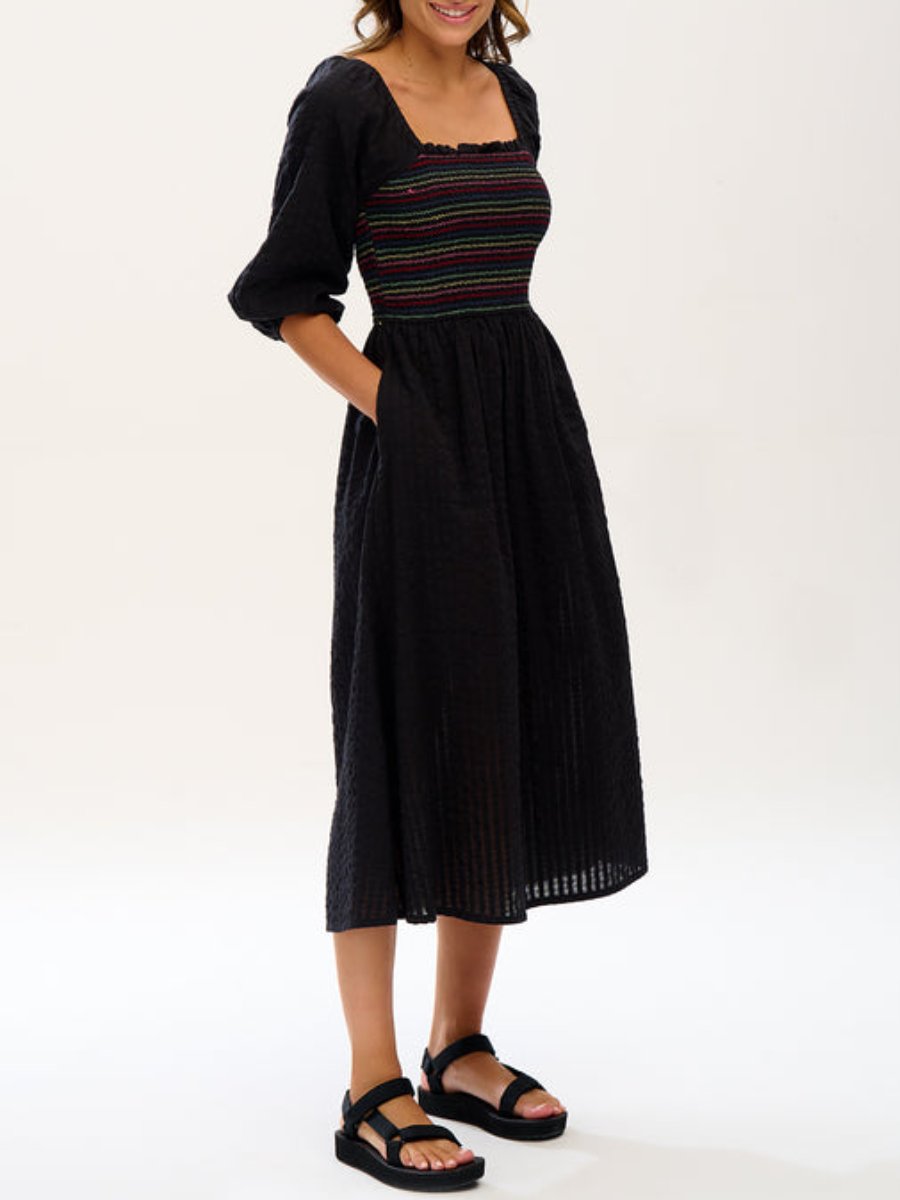 Rainbow Shirring Black Midi Dress