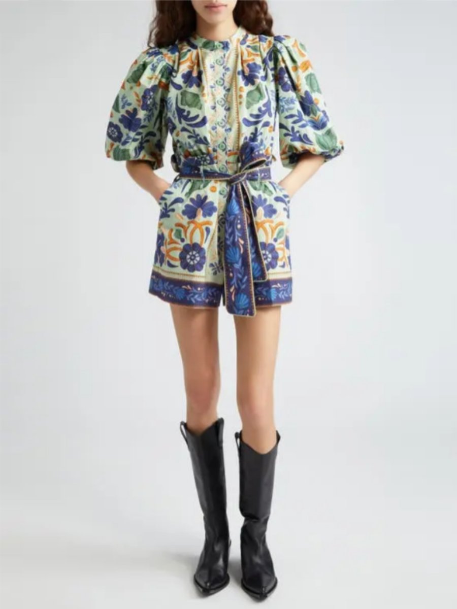 Ocean Tapestry Puff Sleeve Cotton Romper