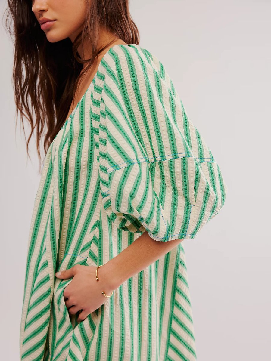 Green Striped Loose Fit Mini Dress