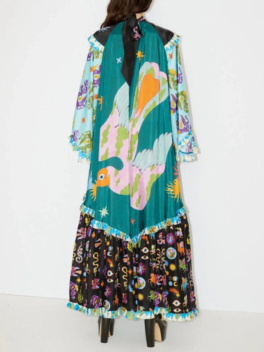 Patchwork Flared Sleeve Maxi Dress