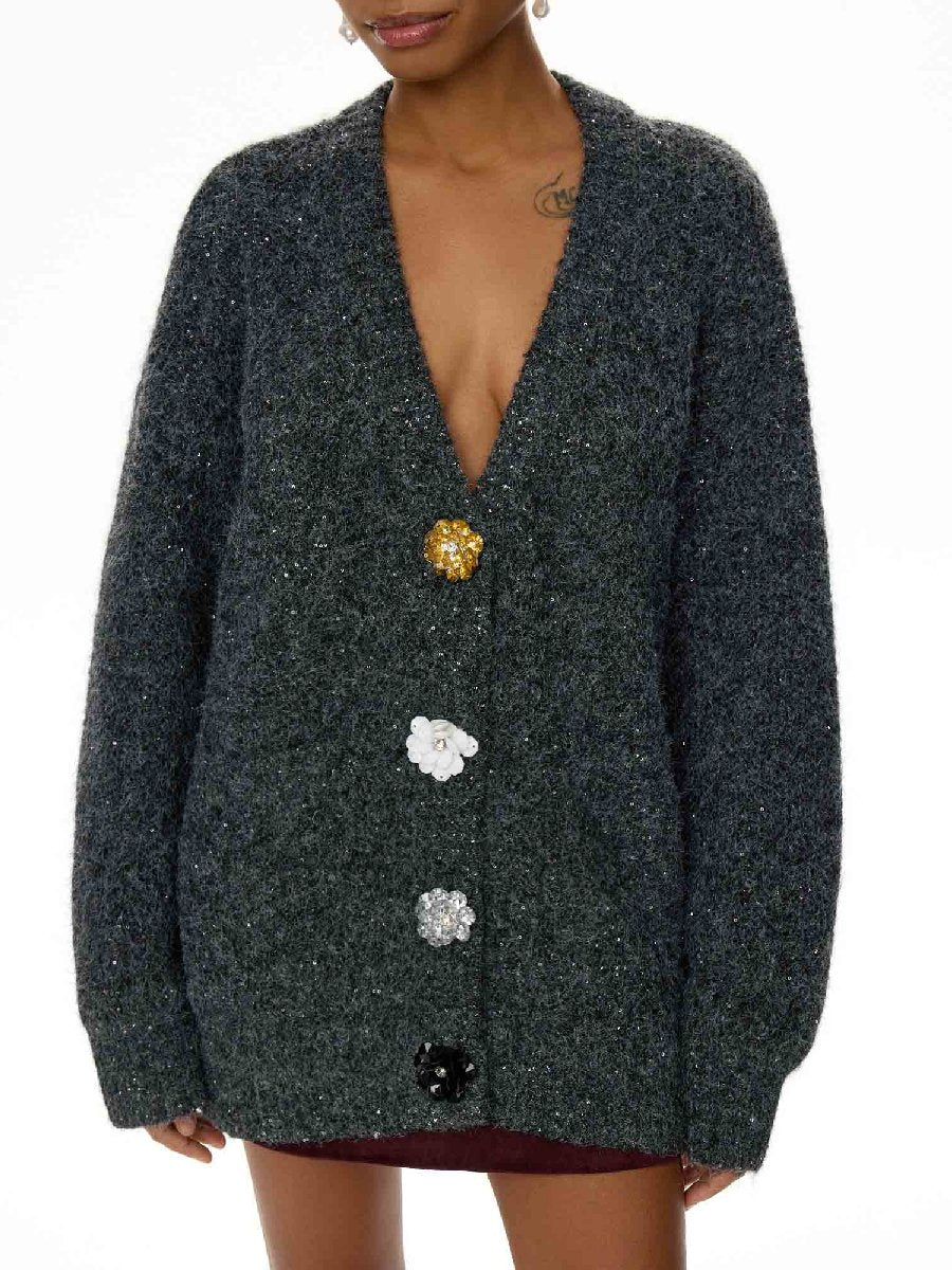 Flower Button Shiny Cardigan