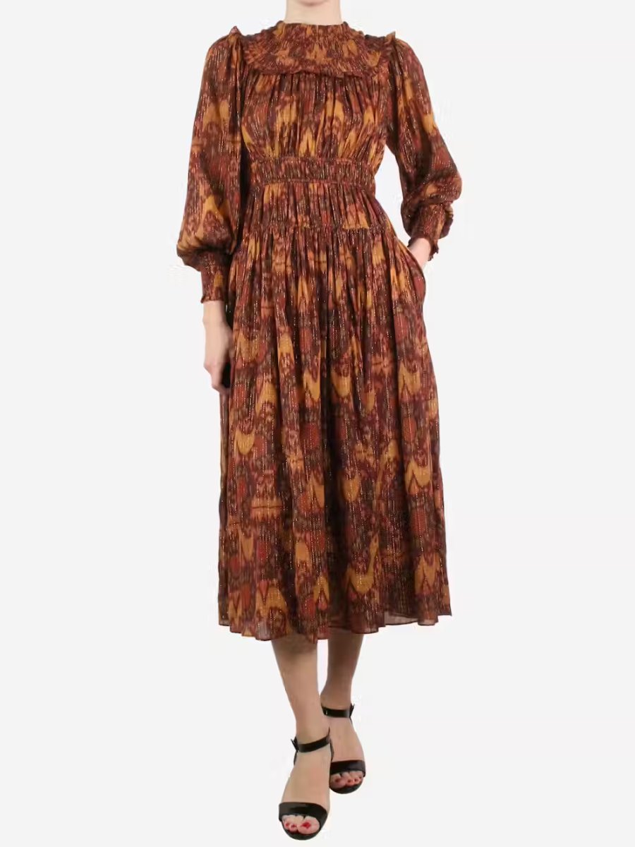 Orange Puff Sleeved Printed Midi Dress