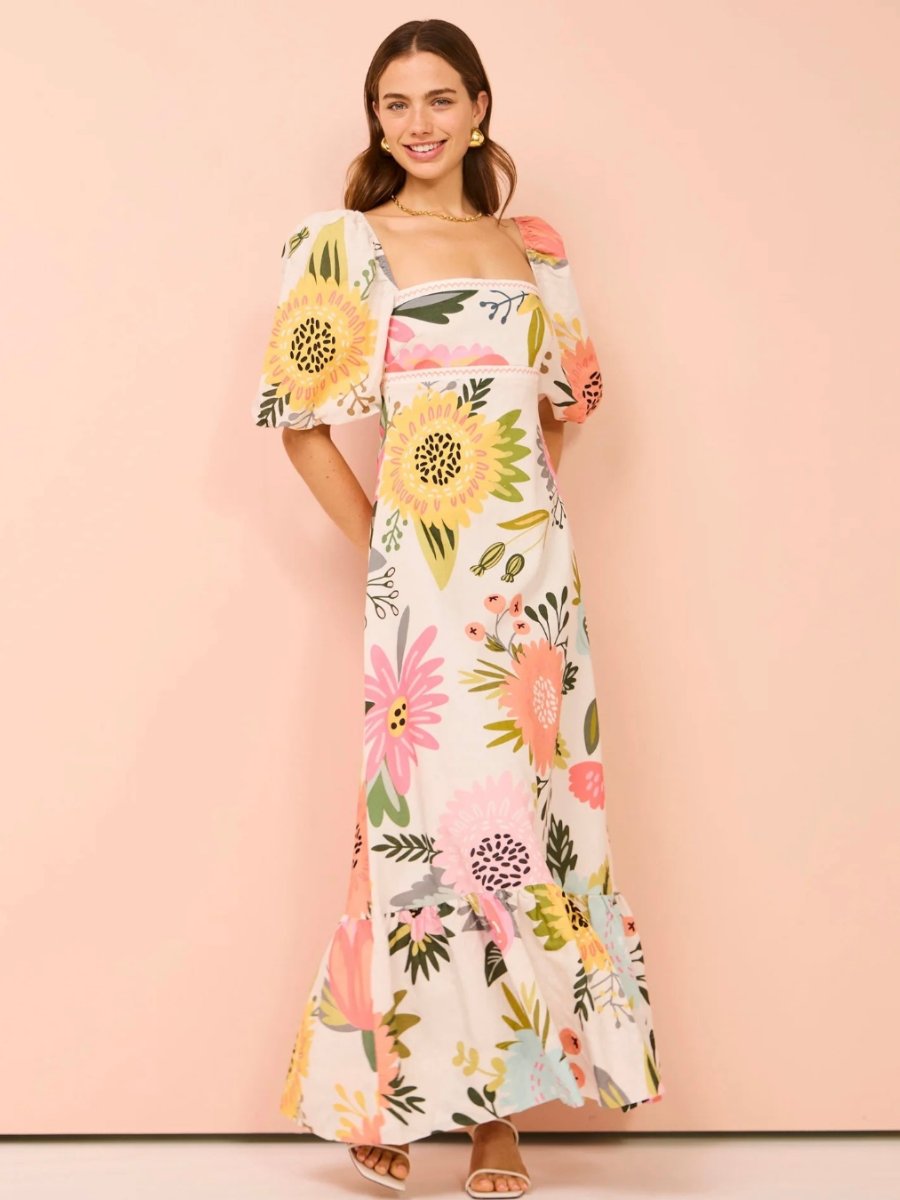 Bubble Sleeve Potpourri Maxi Dress