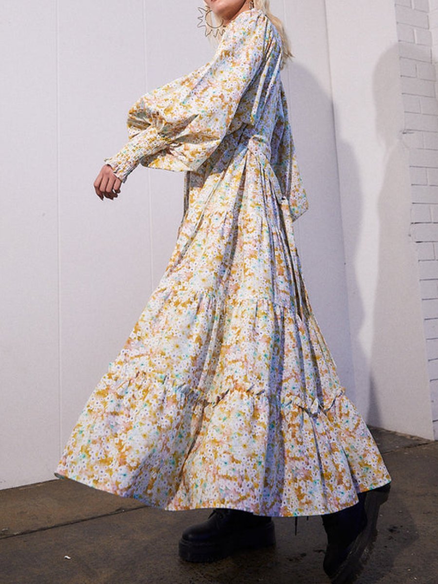 Multicolor Floral Stand Collar Maxi Dress