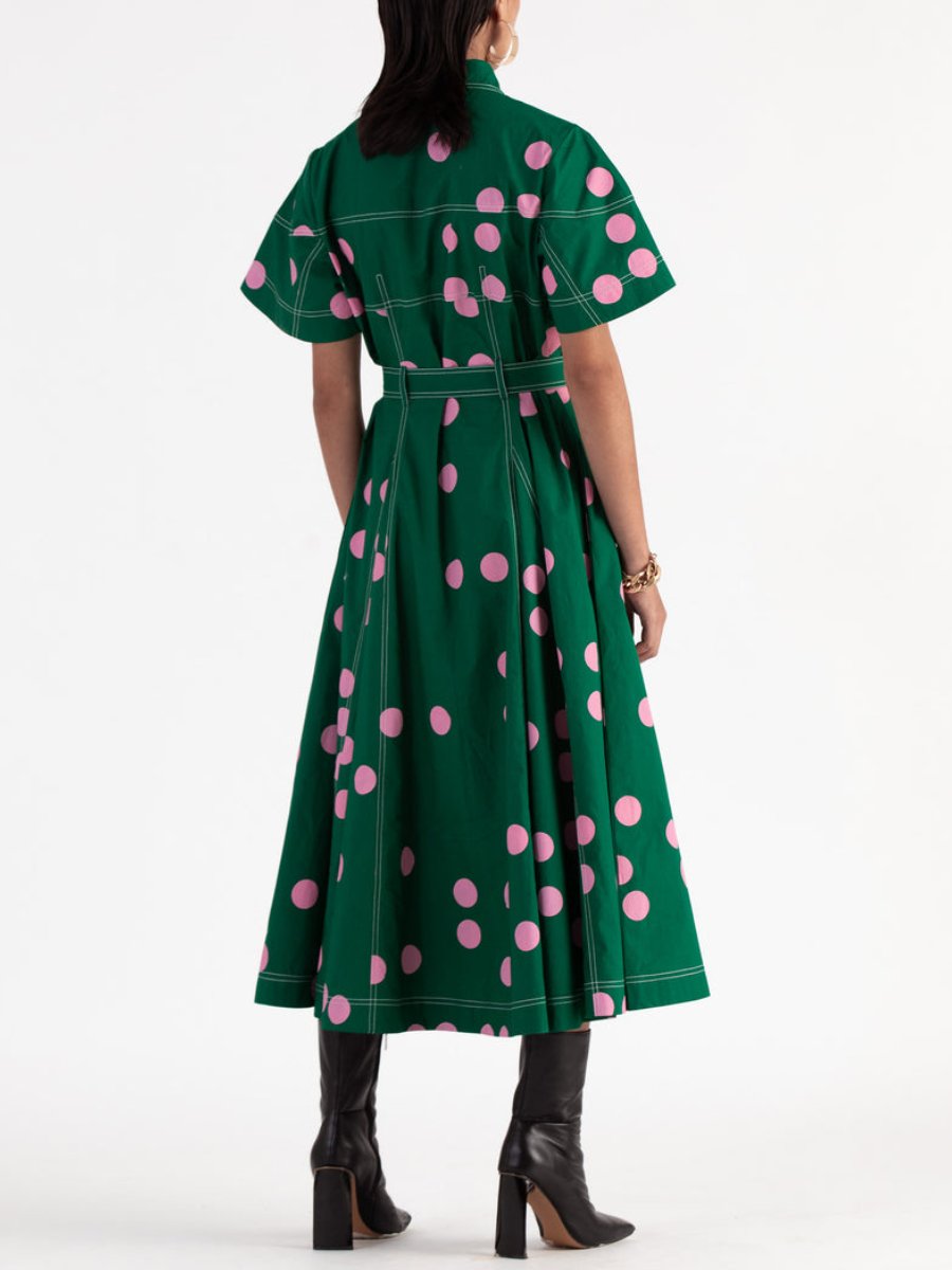 Detached Belt Green Shirt Midi Dress