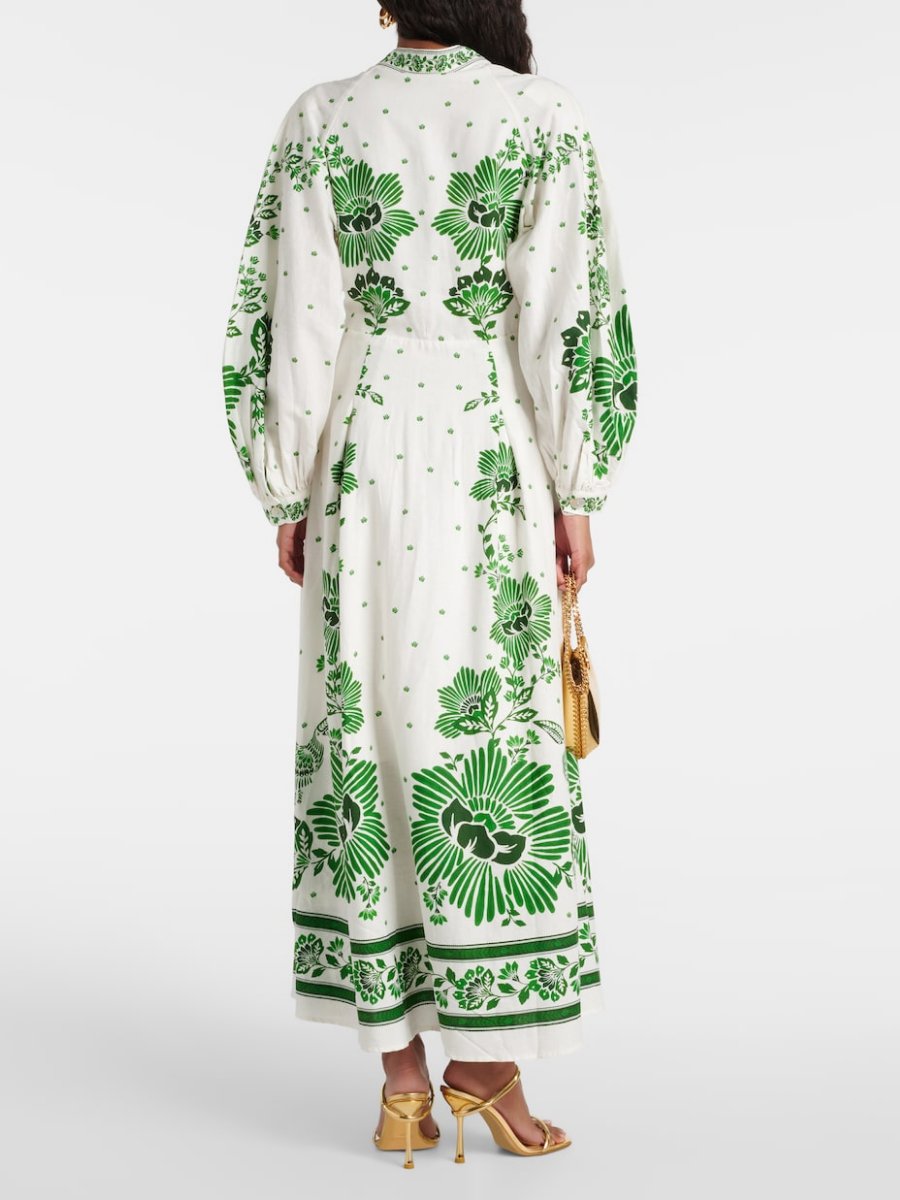 Green Flowers Printed Linen Maxi Dress