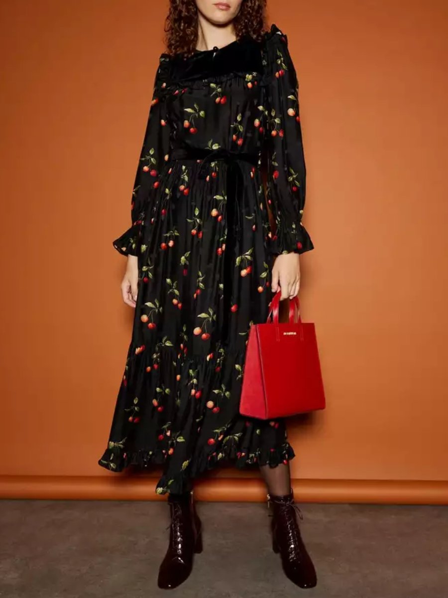 Black And Red Cherry Print Midi Dress