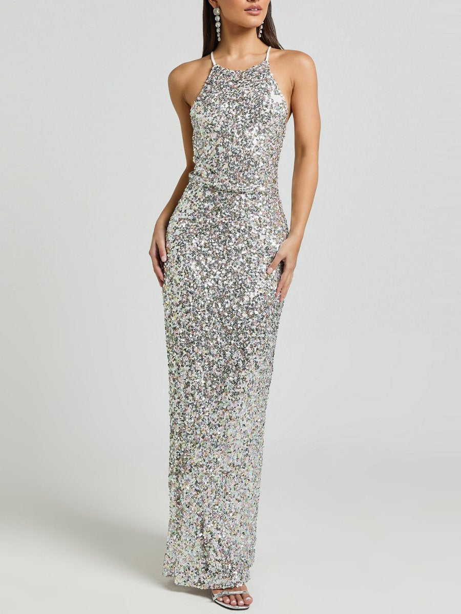 Halter Neck Cross Back Sequin Maxi Dress