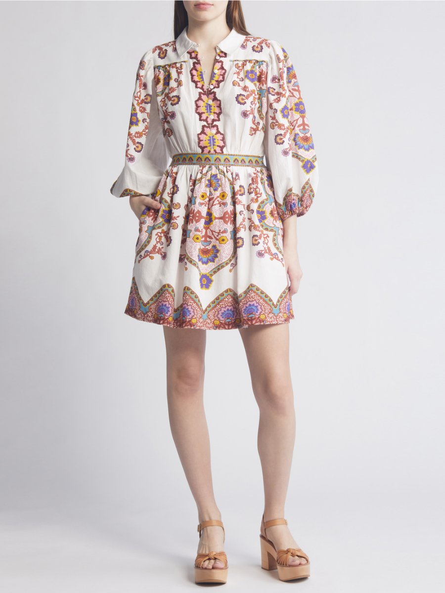 Print Long Sleeve Cotton Inen Mini Dress