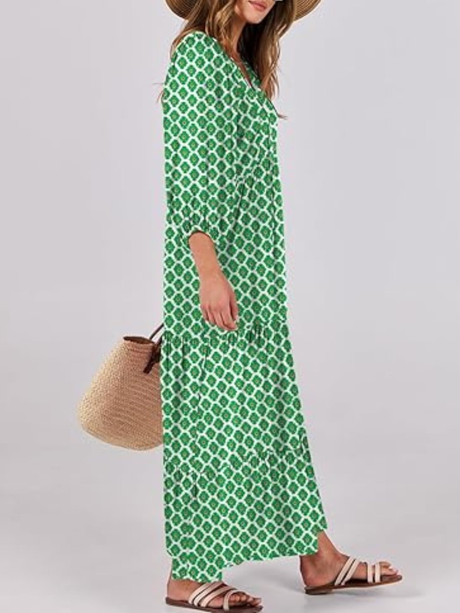 V-Neck Puff Sleeve Floral Swing Maxi Dress