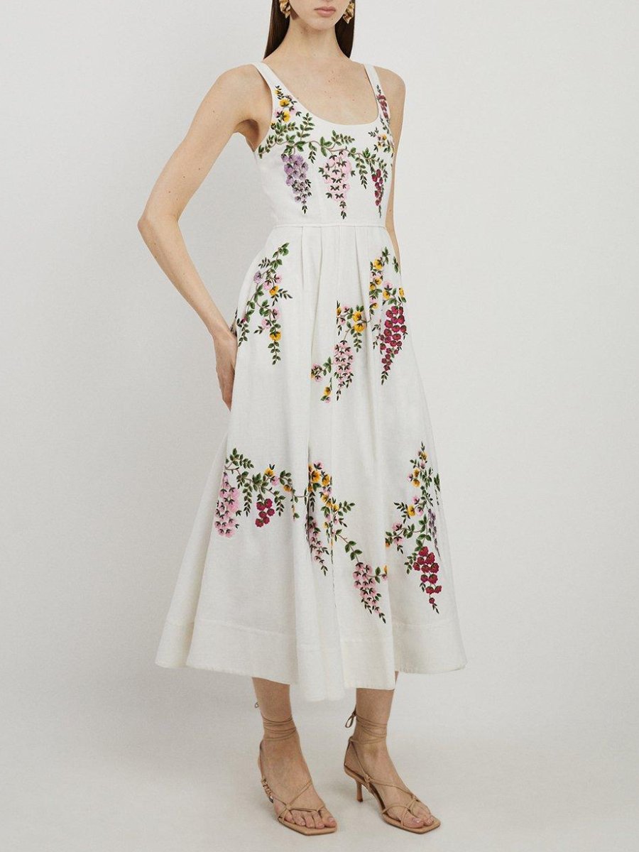 Floral Embroidered Cotton Midi Dress