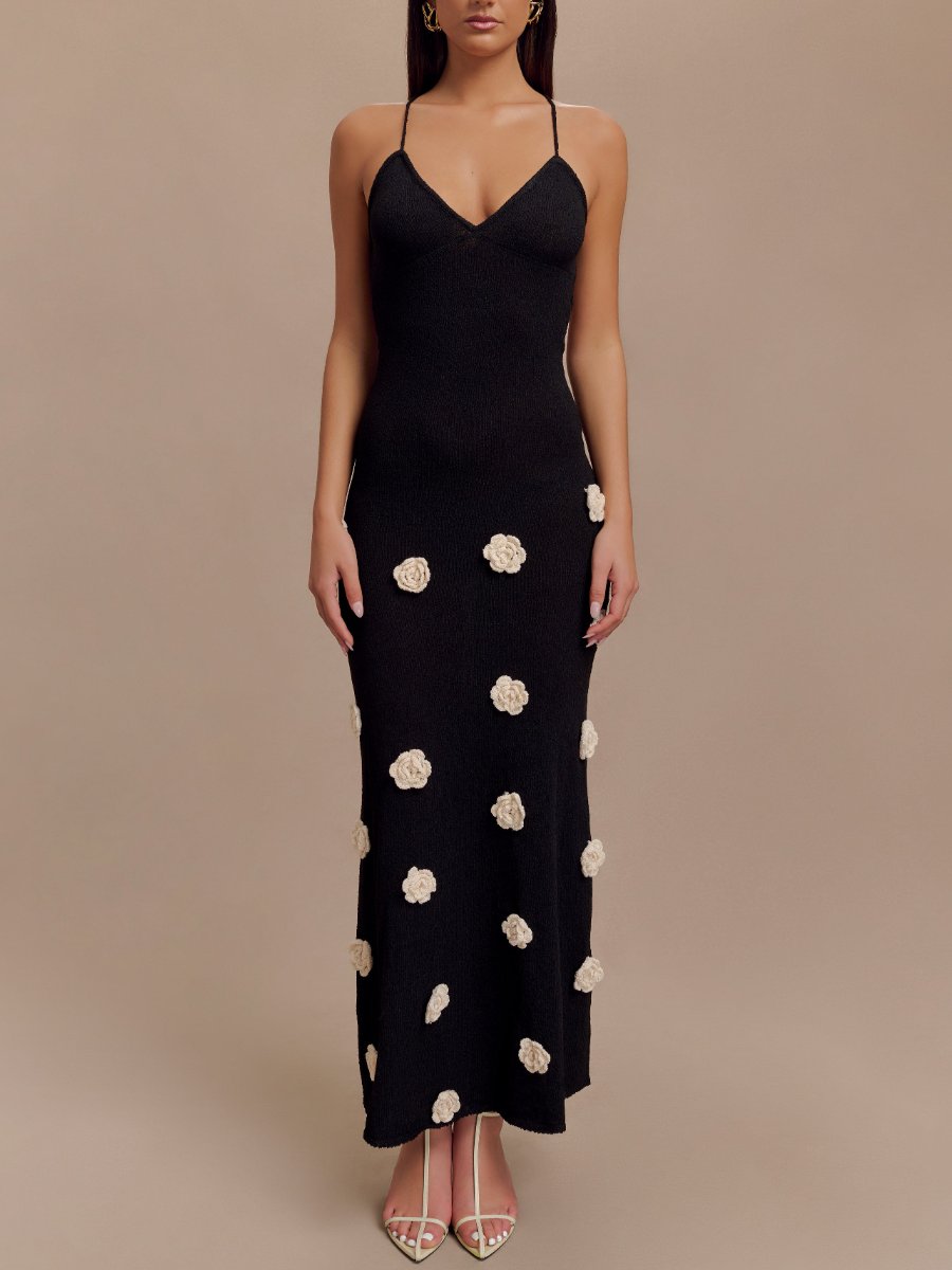 Knit Flowers Black Maxi Dress