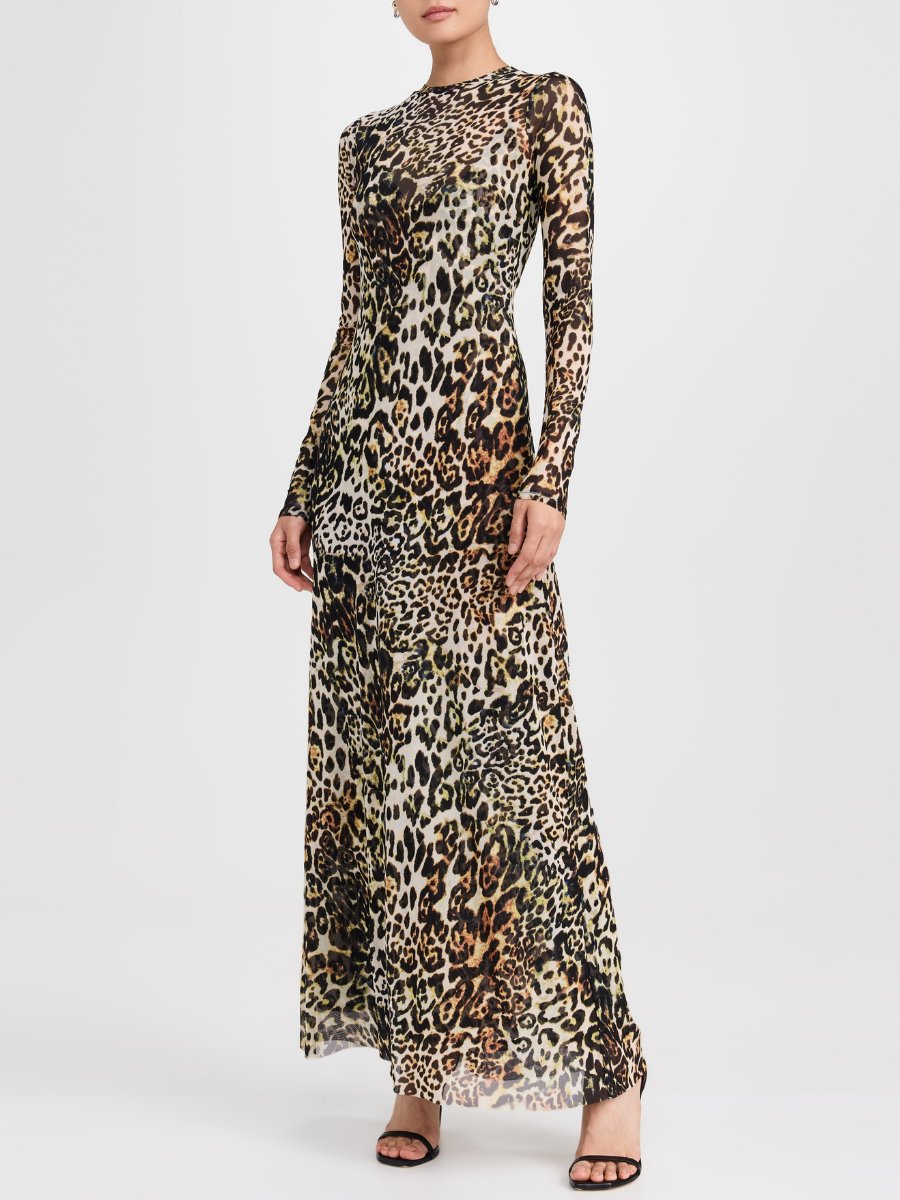 Crew Neck Long Sleeve Leopard Print Maxi Dress