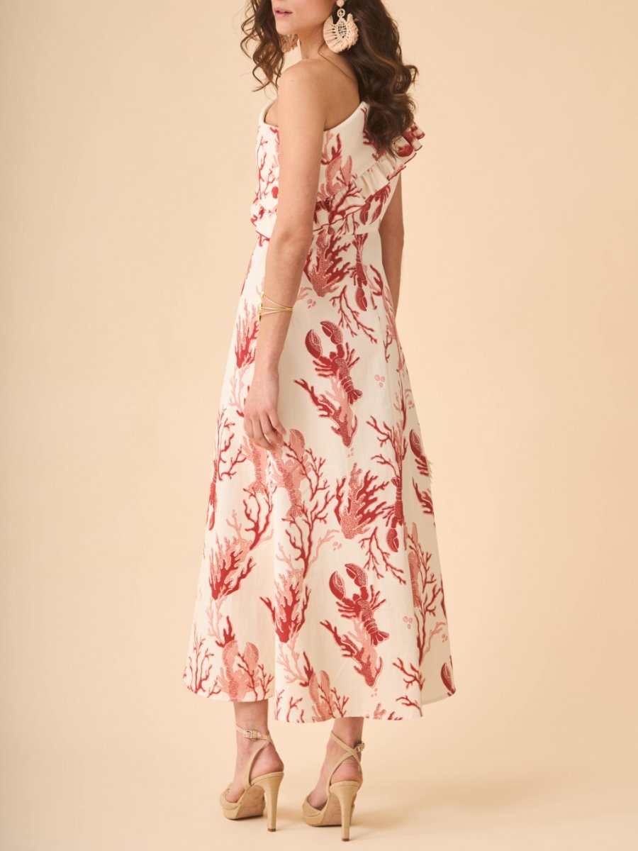 Red Lobster And Coral Print Midi Dress