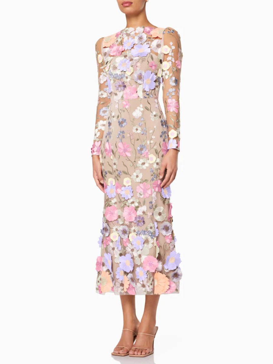 Pastel 3D Floral Midi Dress