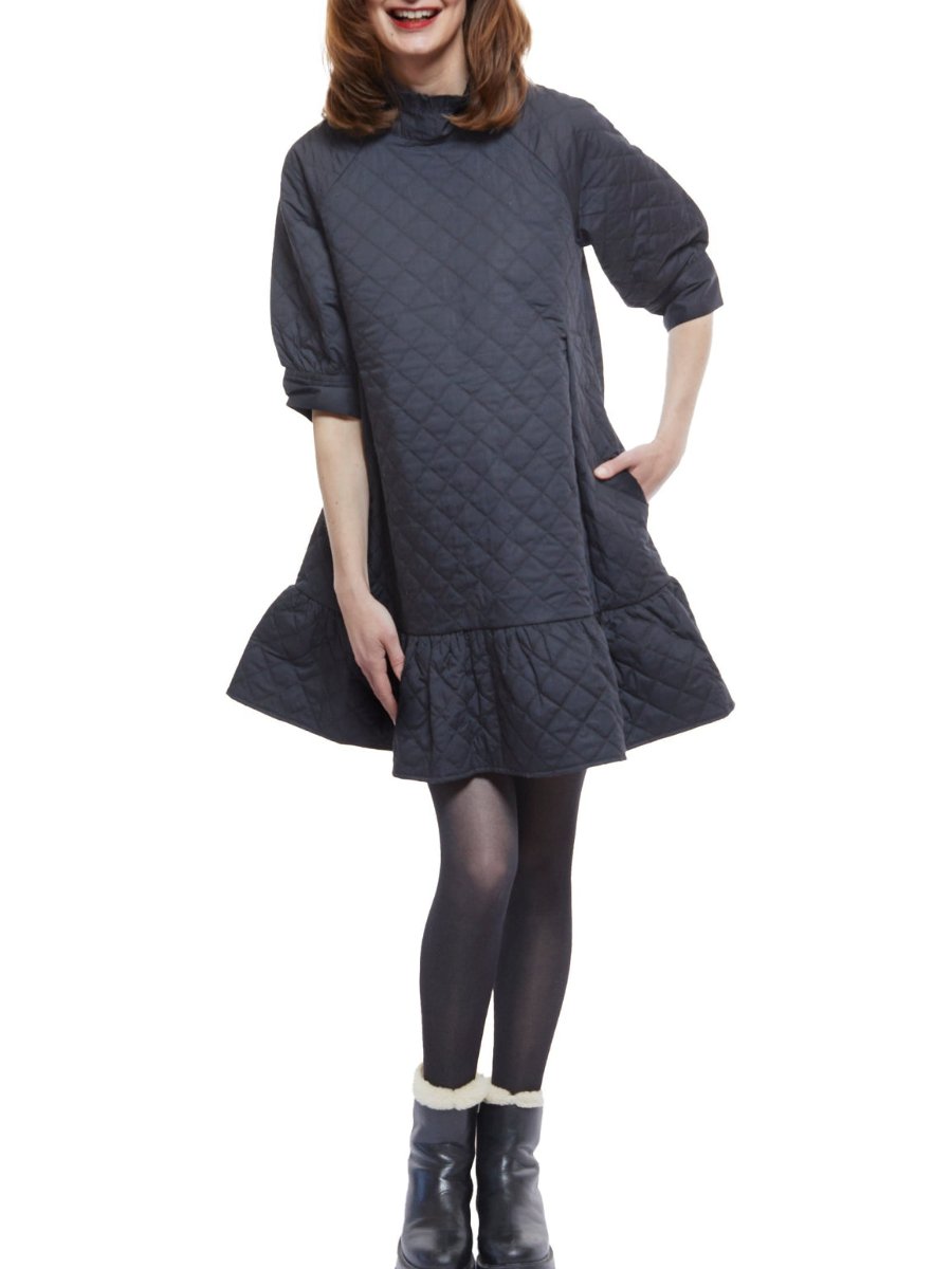 Softly Quilted Black Poplin Mini Dress