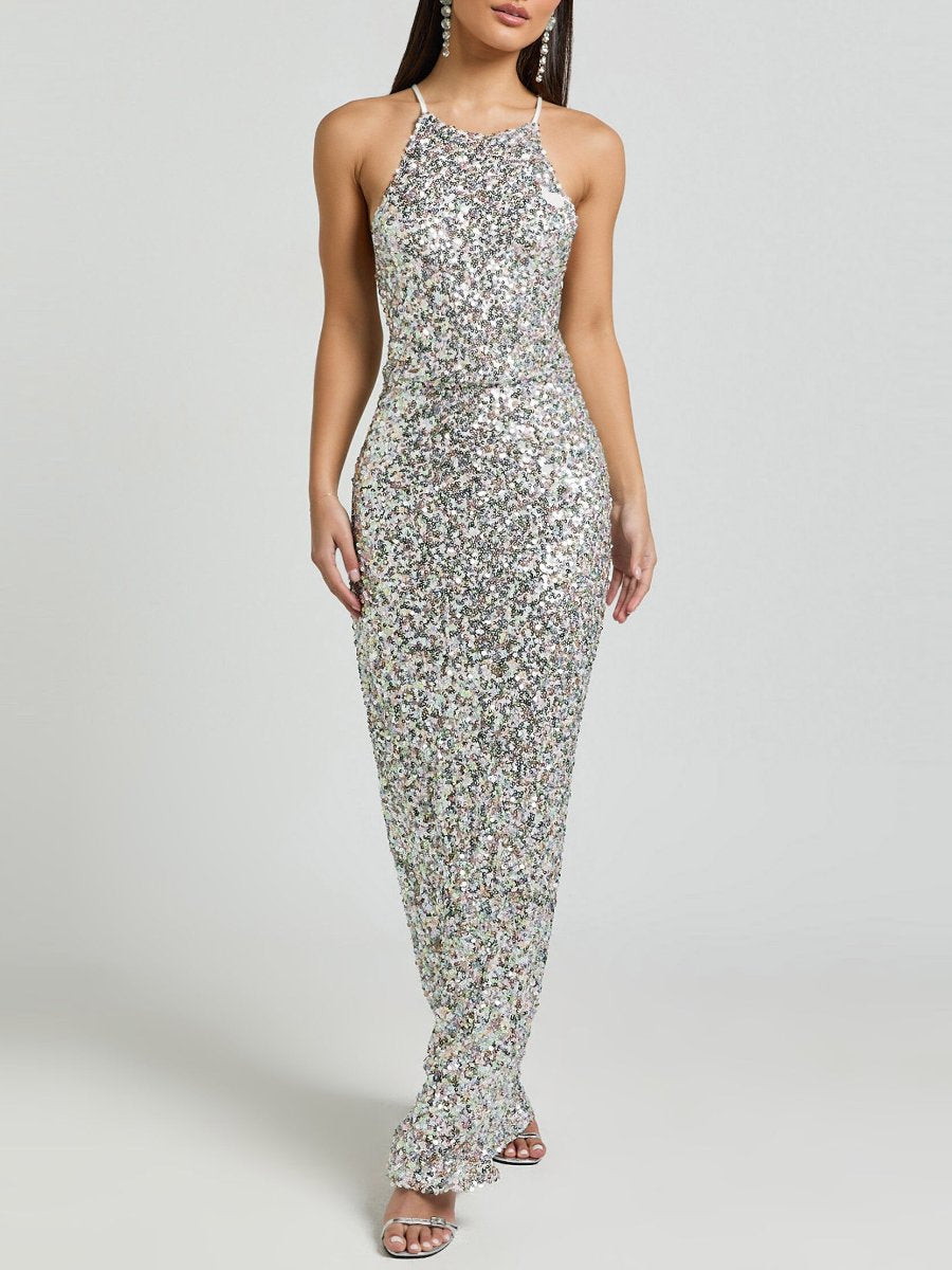 Halter Neck Cross Back Sequin Maxi Dress