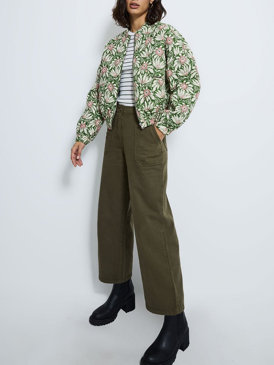 Green Floral Quilted Cuffed Cropped Jacket