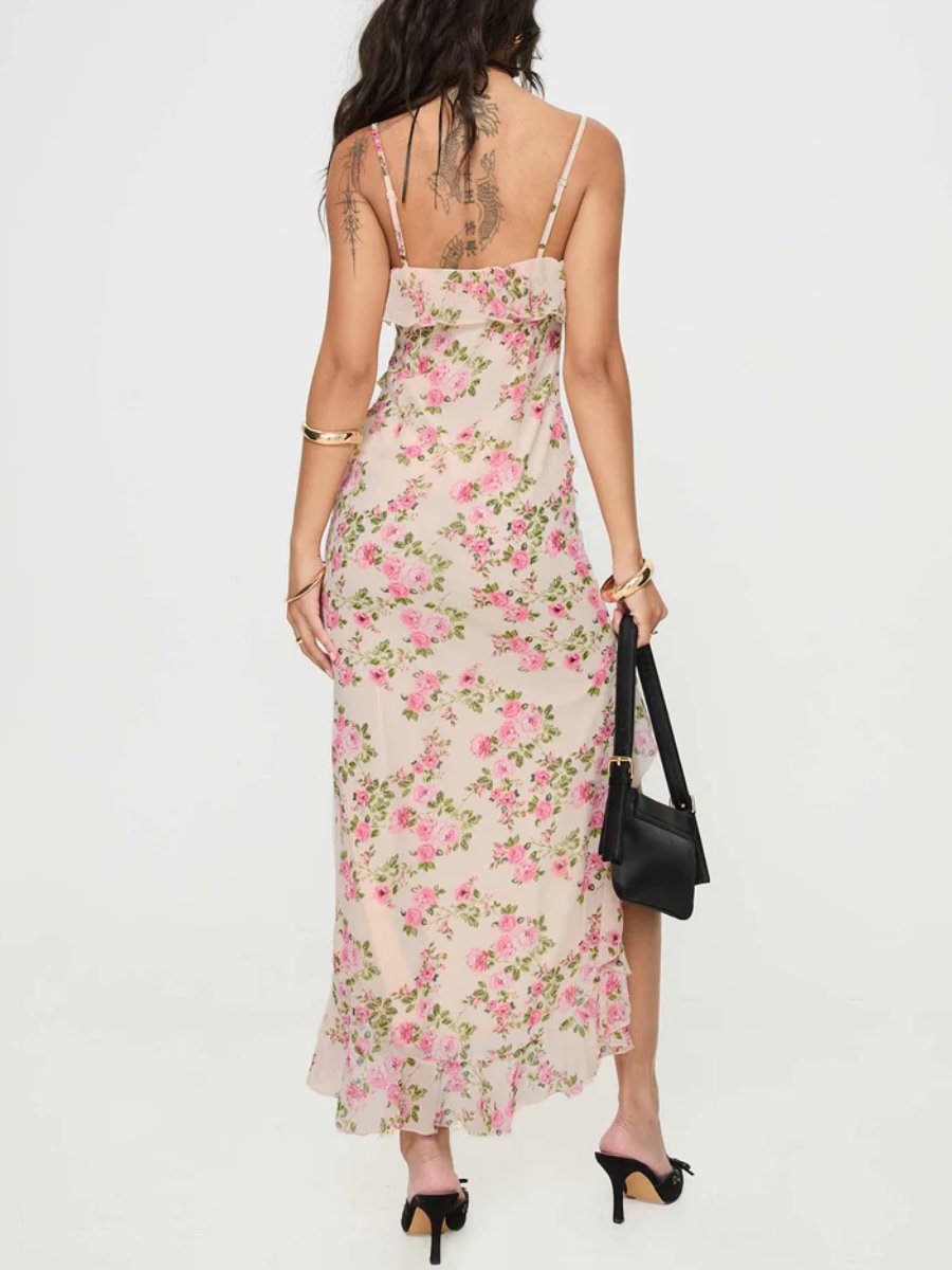 Cream Floral Sleeveless Midi Dress