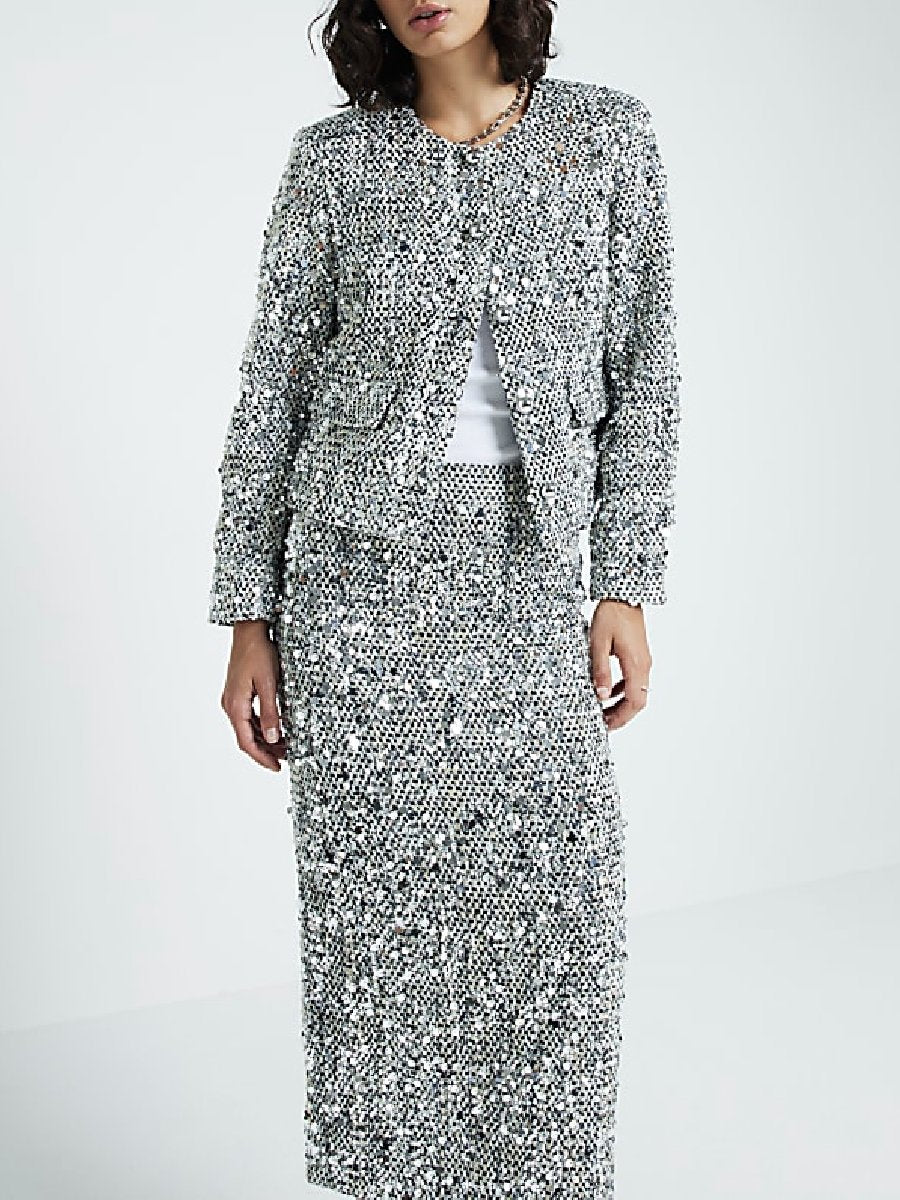 Silver Sequin Collarless Jacket