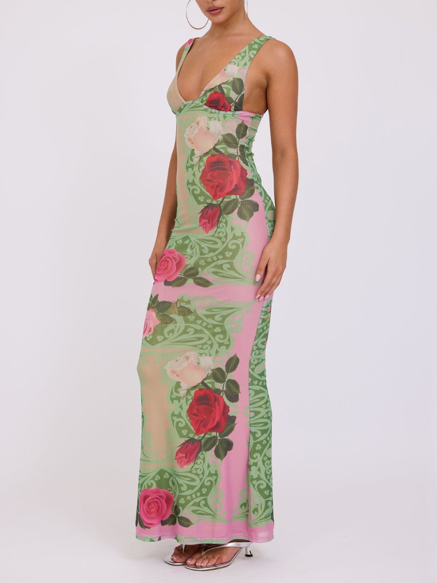 Rose Print V-Neck Maxi Dress