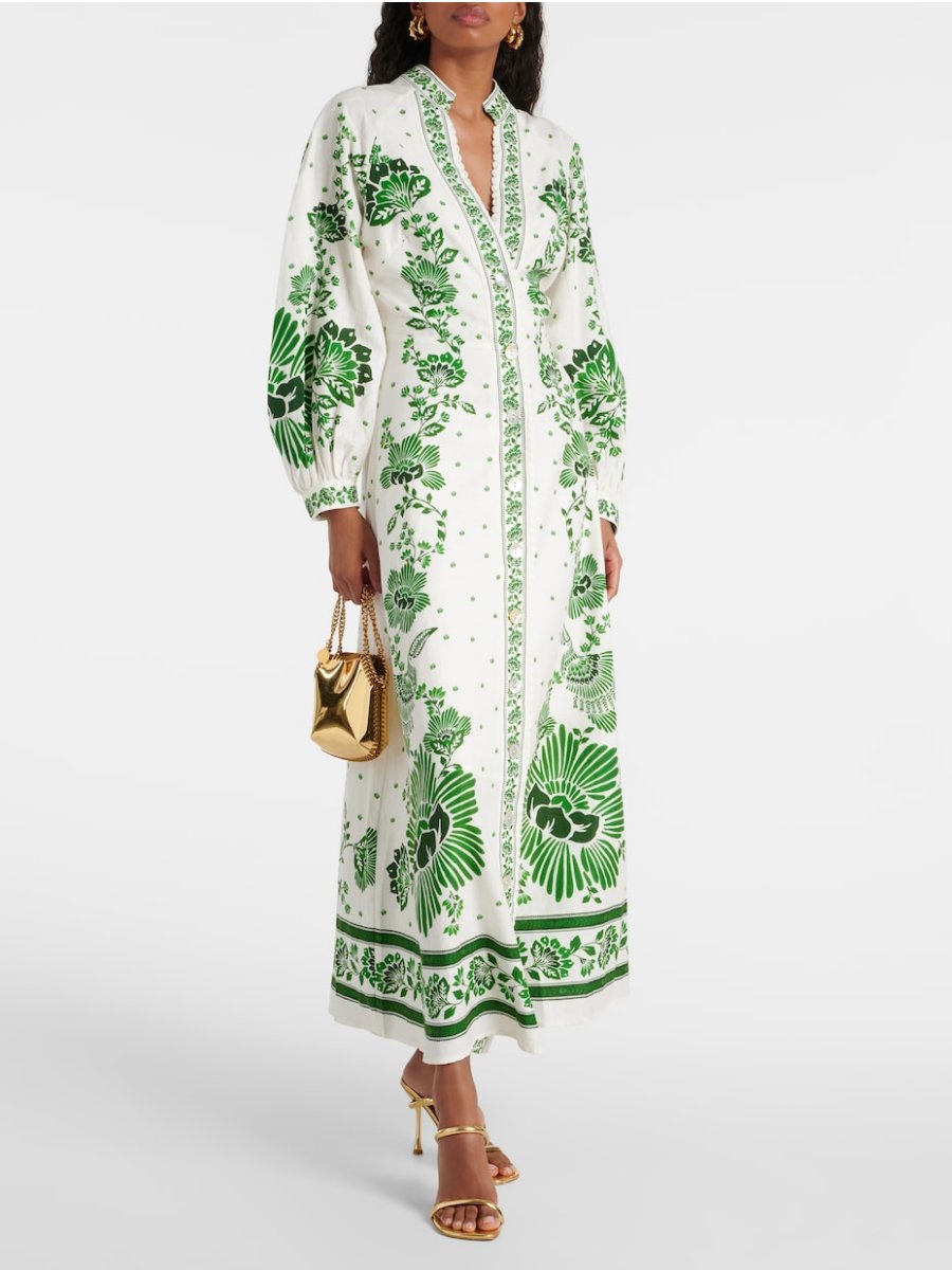 Green Flowers Printed Linen Maxi Dress