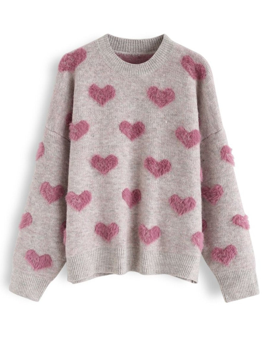 Contrast Color Fuzzy Hearts Knit Sweater