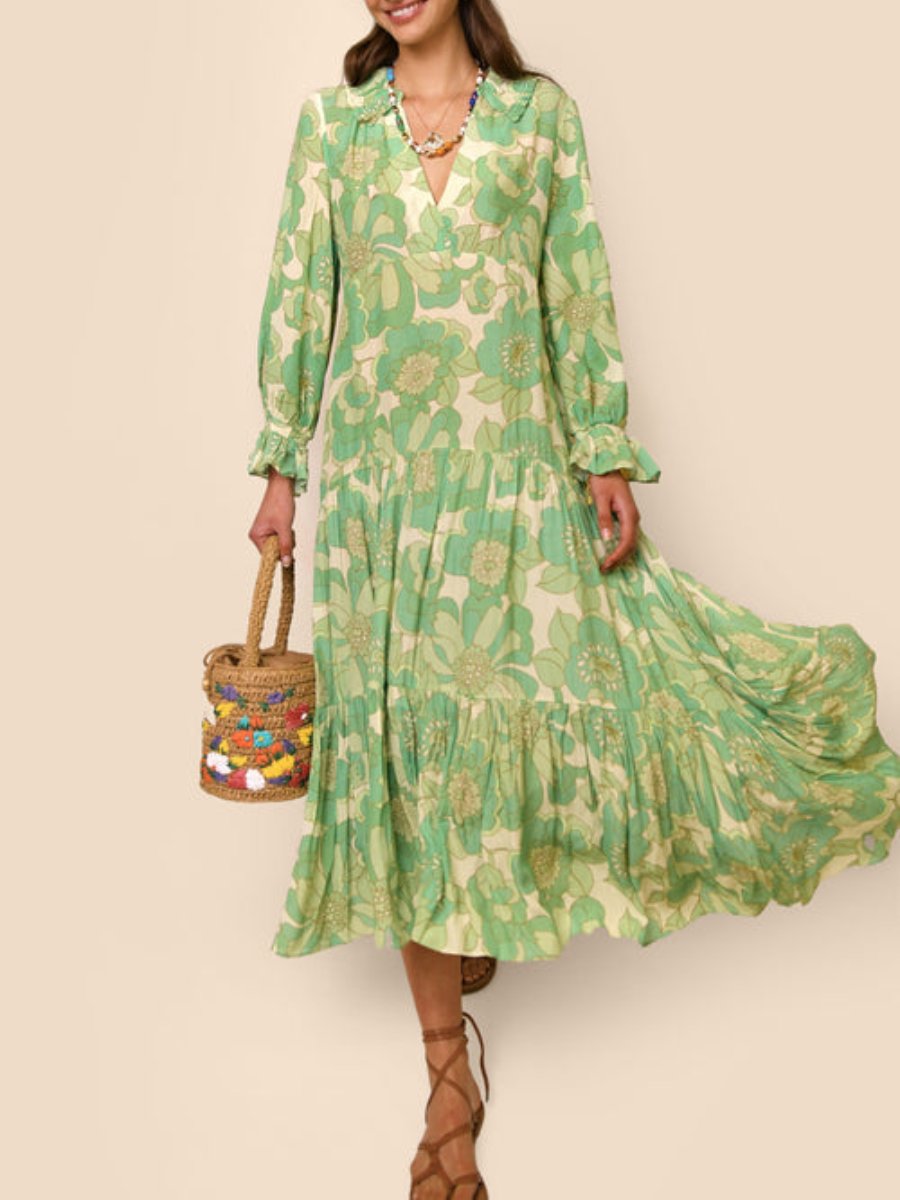 Floral Tiered  Green Midi Dress