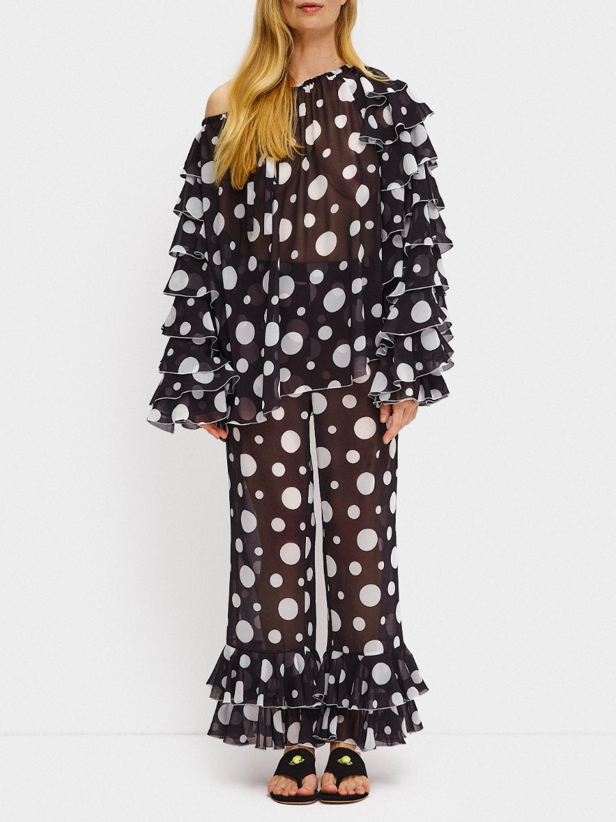 Ruffled Chiffon Polka-Dot Shirt With Pants