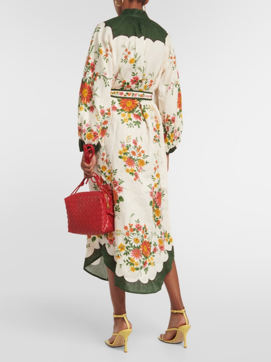 Scalloped Floral Linen Shirt Midi Dress