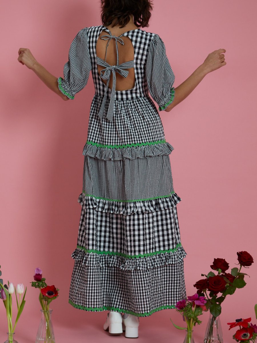 Mixed Gingham Half Sleeve Maxi Dress