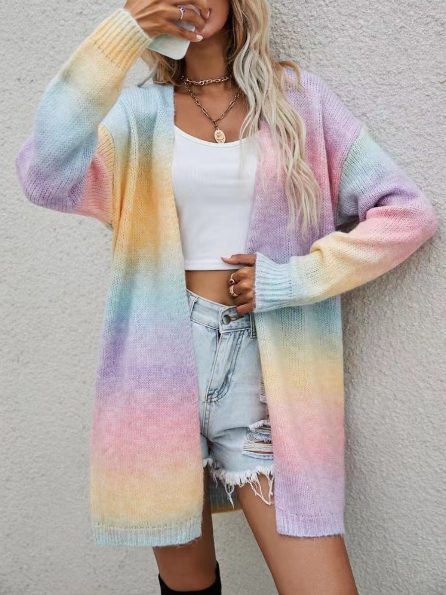 Rainbow Tie Dyeing Medium Pocket Knitted Cardigan