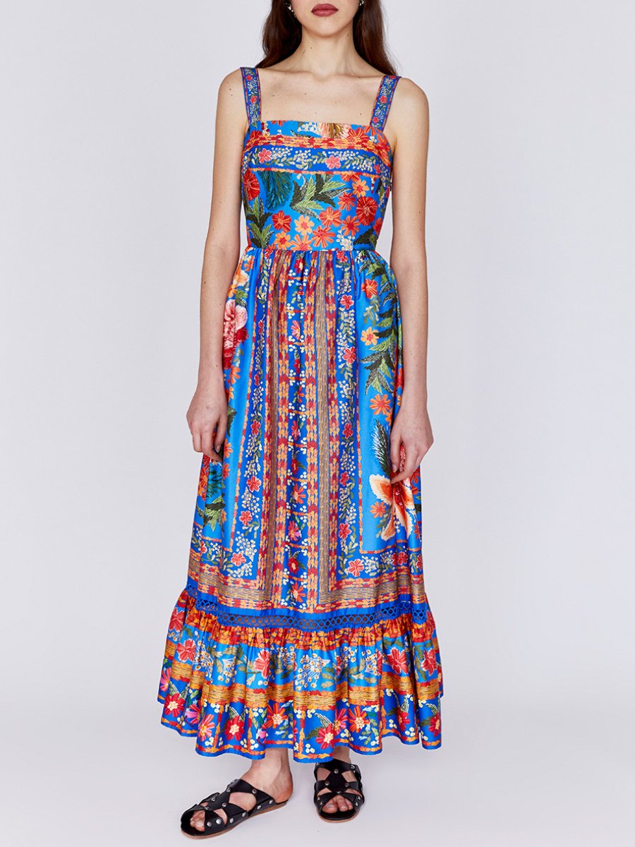 Stiched Garden Blue Maxi Dress