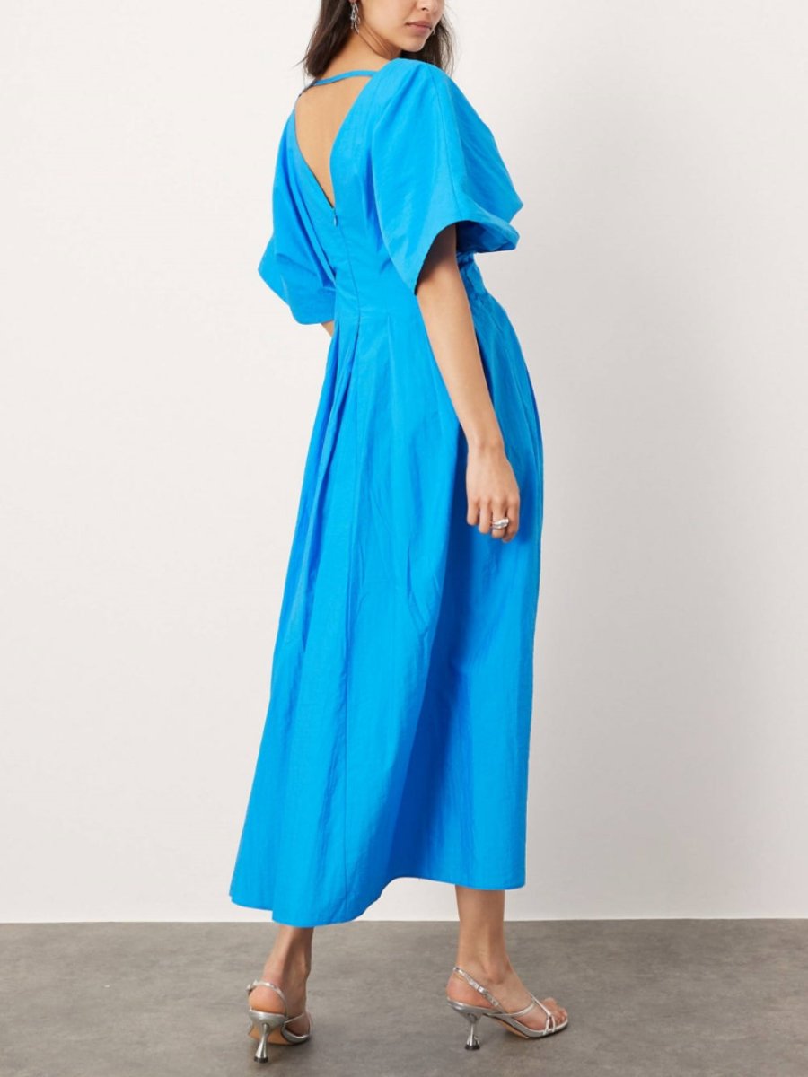 V-Neck Short Sleeve Blue Midi Dress