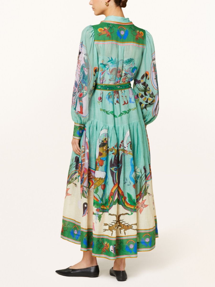 Evergreen Graphic Printed Belted Midi Dress