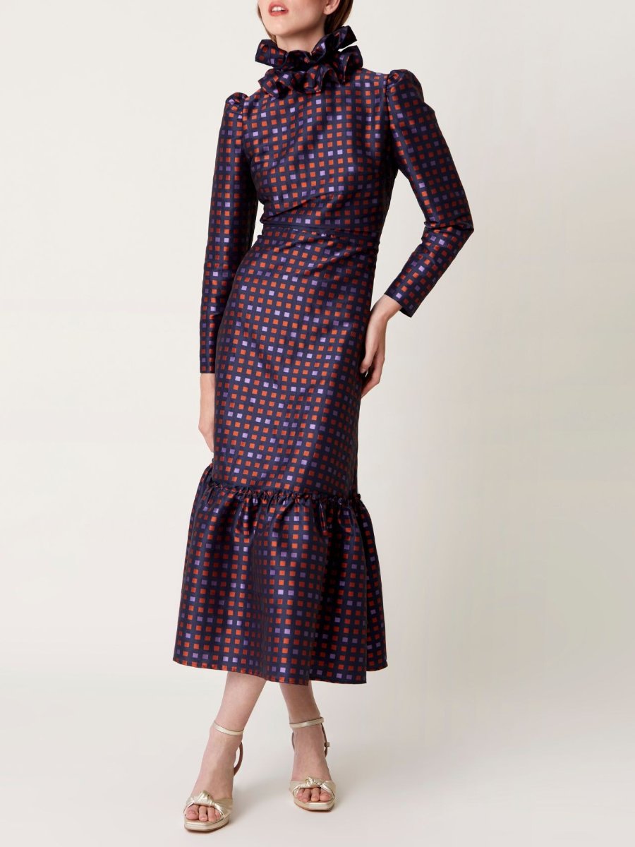 Plaid Printed Ruffle Long Sleeve Maxi Dress