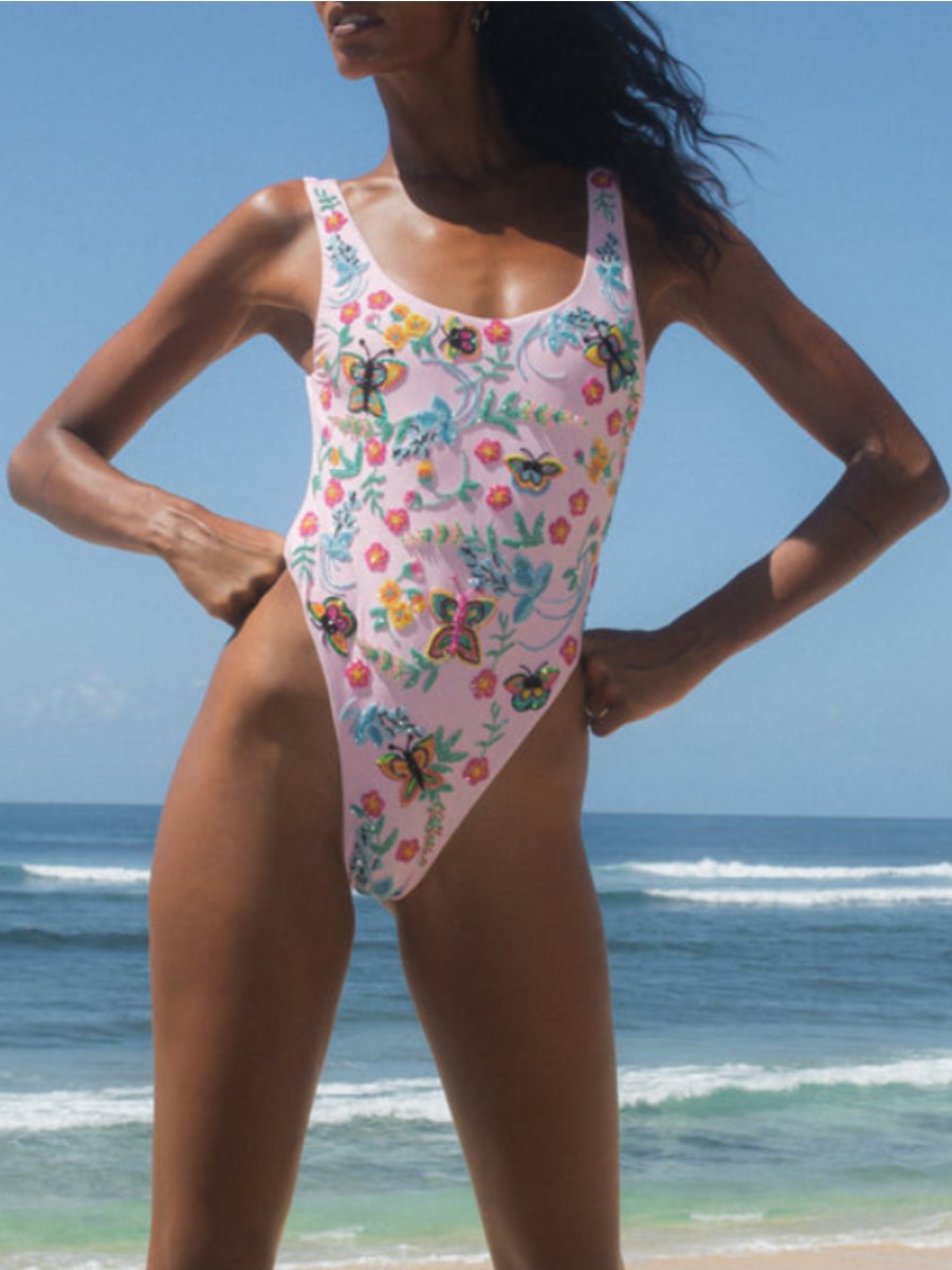 Scoop Neck Floral Embroidered Swimsuit