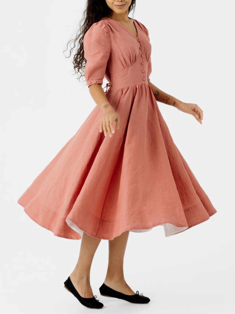 Vintage Pink Puffed Sleeve Midi Dress