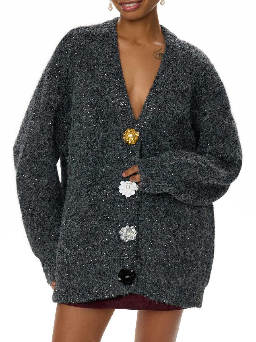 Flower Button Shiny Cardigan