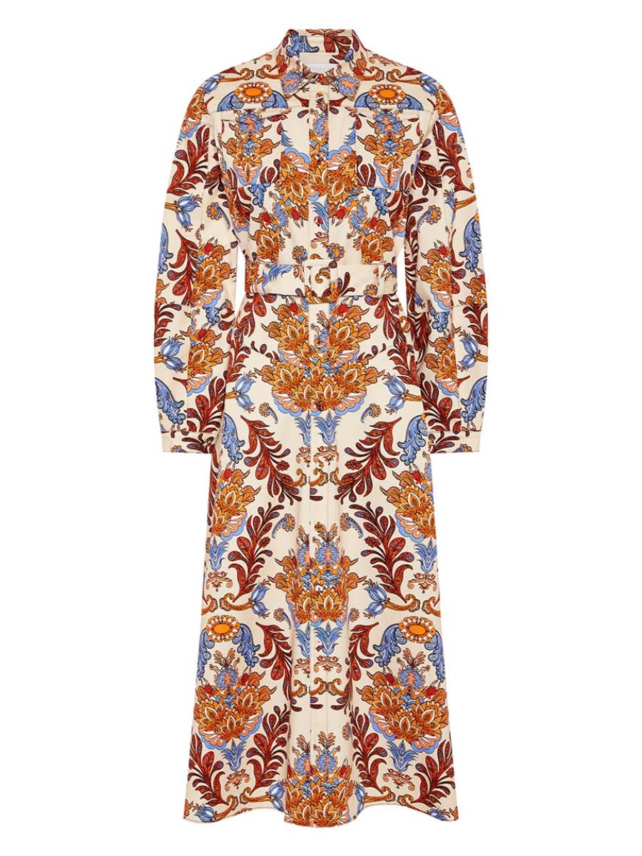 Kaleidoscopic Printed Twill Shirt Cream Midi Dress