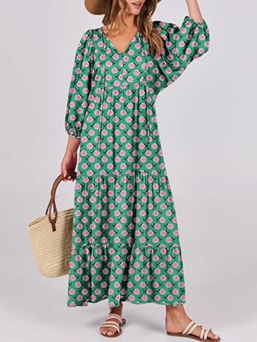 V-Neck Puff Sleeve Floral Swing Maxi Dress