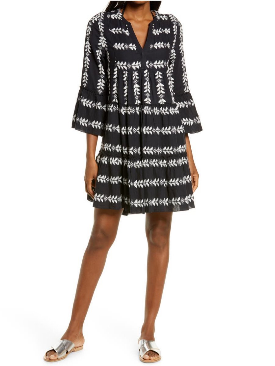 Geometric Print Split Neck Flared Sleeve Mini Dress