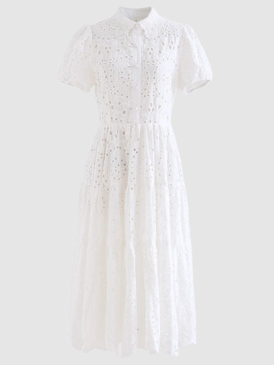 Crochet Collar Embroidered Eyelet Cotton Midi Dress