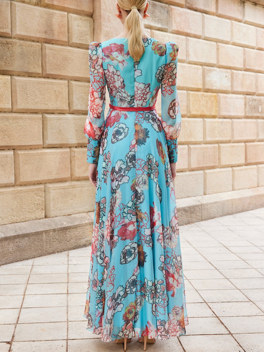 V-Neck Long Sleeve Floral Maxi Dress