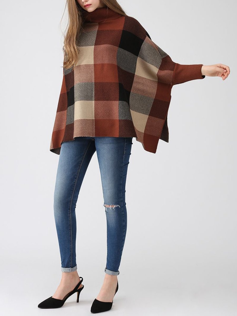 Lie In Check Fields Turtleneck Cape Caramel Sweater